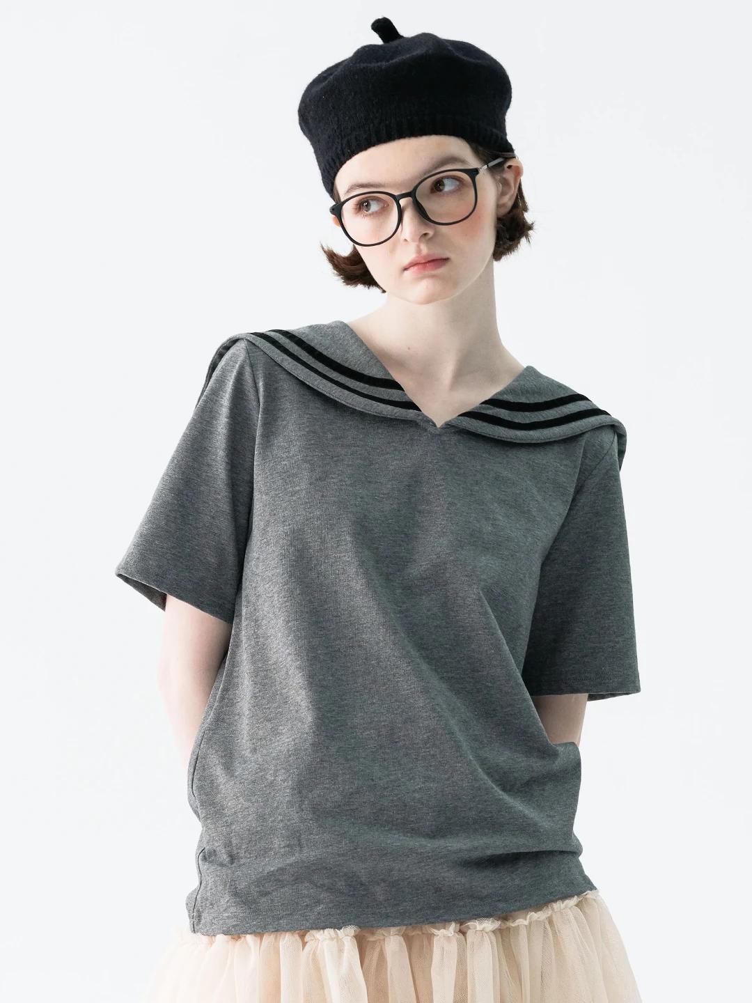 IMAKOKONI Original Design Short Sleeve Pullover V-Neck Striped T-shirt Solid Color Polo Collar Cotton Summer Top Wom